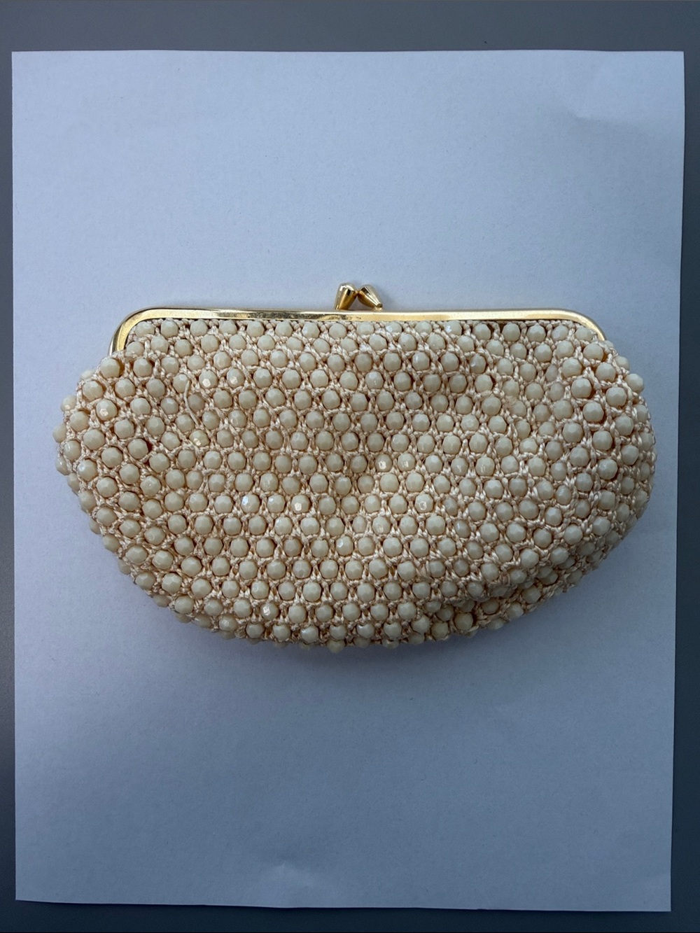 La Regale Cream Beaded Frame Clutch with Gold Trim